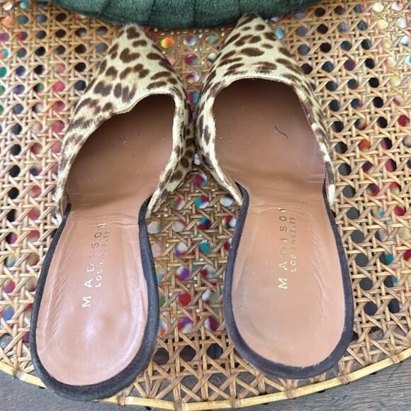 Madison Los Angeles Leopard Pony Hair Pointy Toe Open Back Heeled Mule Shoe - Picture 5 of 7